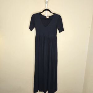 Demylee Women's XS Navy Blue Short Sleeve V-Neck Maxi Dress 100% Cotton